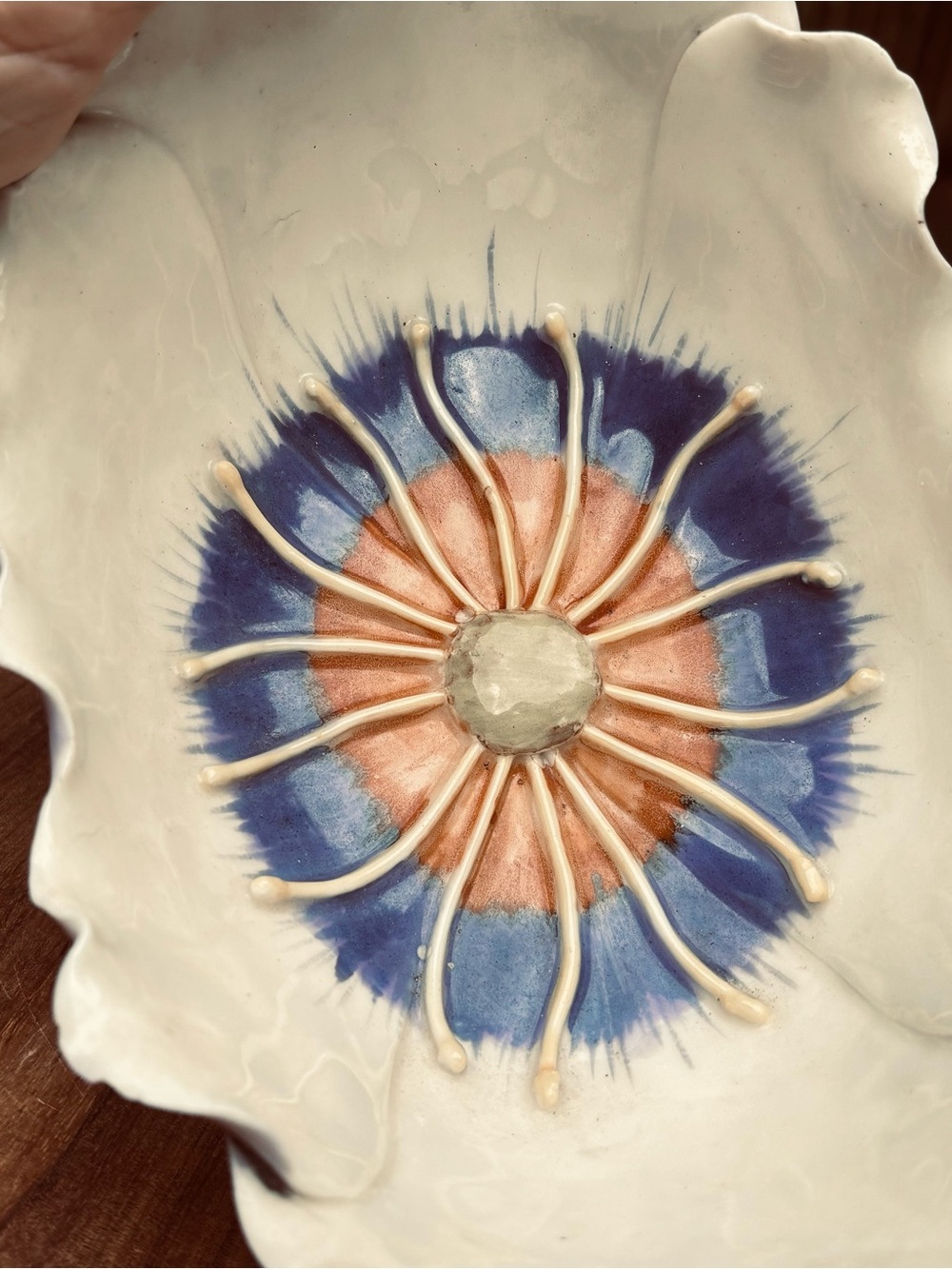 Austrian Ceramic Flower Bowl in White with Blue and Orange Accent - Picture 6 of 6